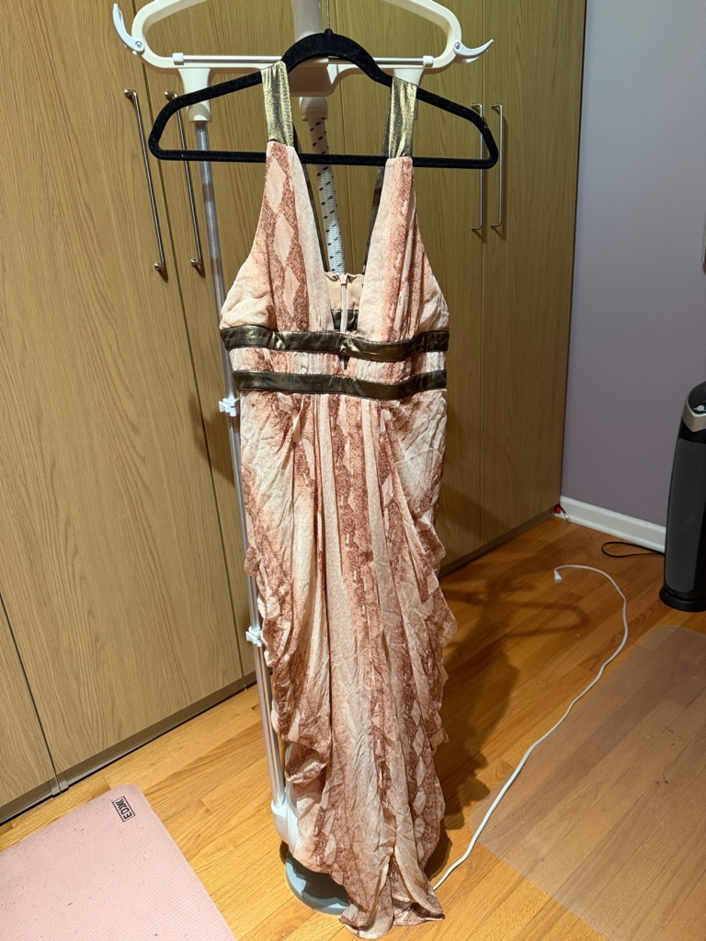 Bebe Pink Snake-Print Maxi Dress 100% Silk with Gold Trimmed Straps